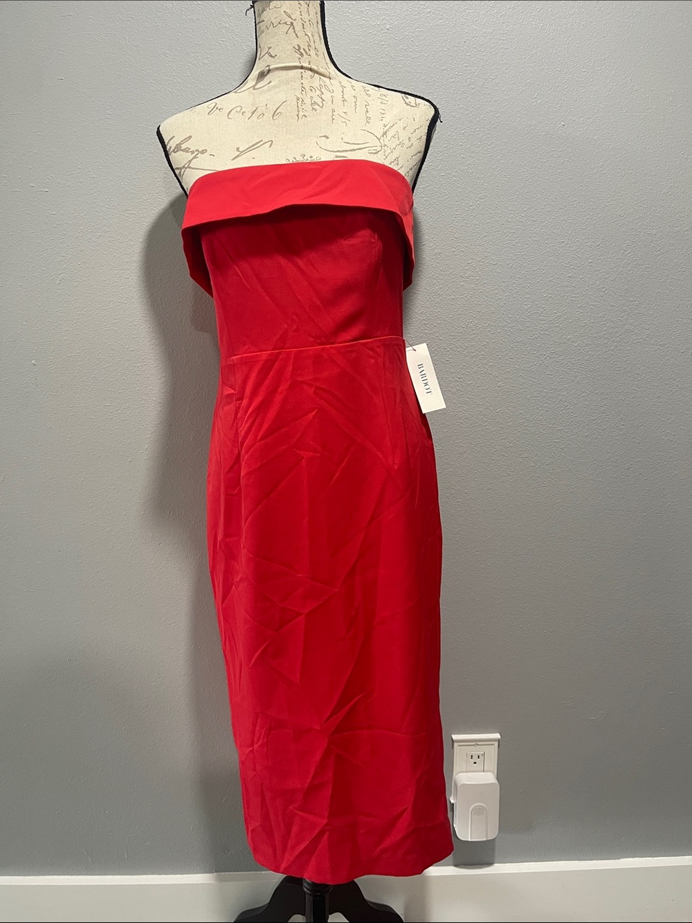 Bardot Strapless Red Midi Dress